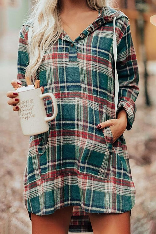 Hooded Button Placket Plaid Mini Dress with High/Low Hem