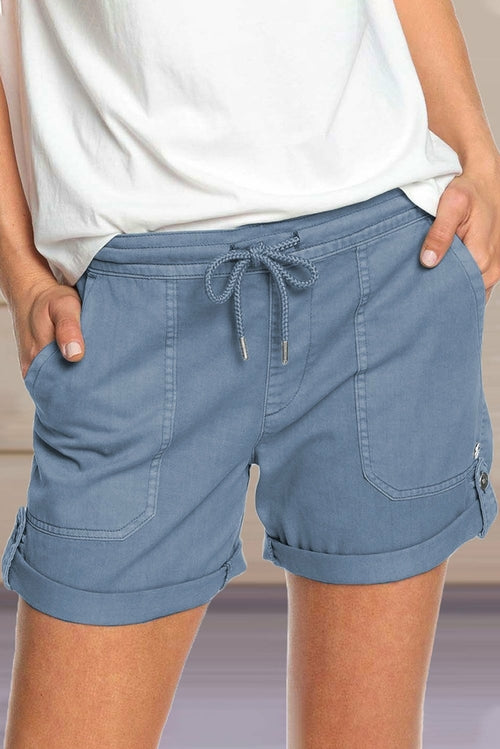Women Blue Elastic Waistband Pocket Drawstring Shorts