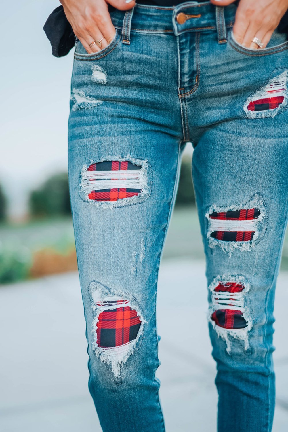 Women's Fashion Red Plaid Patch Destroyed Skinny Jeans