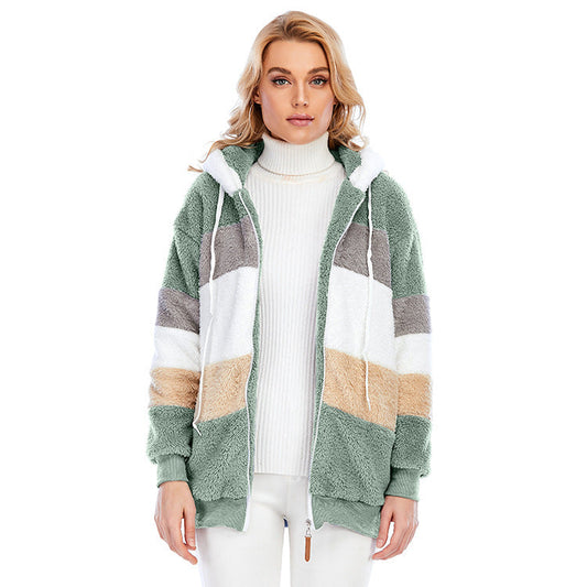Women's New Autumn And Winter Loose Plush Multicolor Hooded Jacket