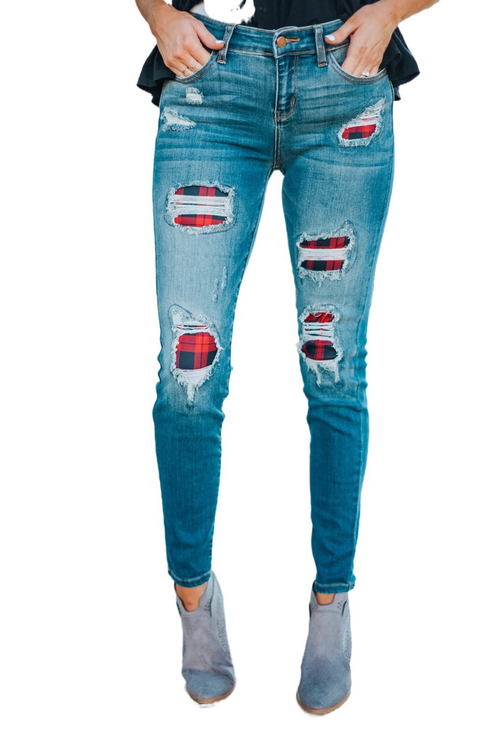 Women's Fashion Red Plaid Patch Destroyed Skinny Jeans
