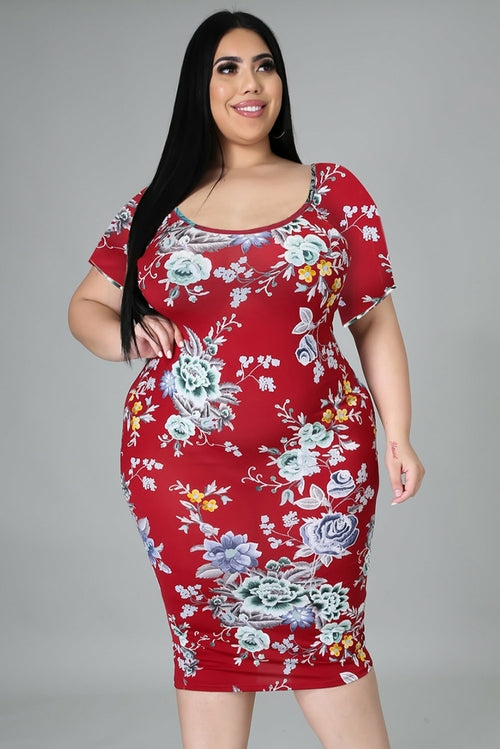 Red Floral Short Sleeve Slim Fit Plus Size Bodycon Midi Dress