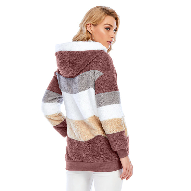 Women's New Autumn And Winter Loose Plush Multicolor Hooded Jacket