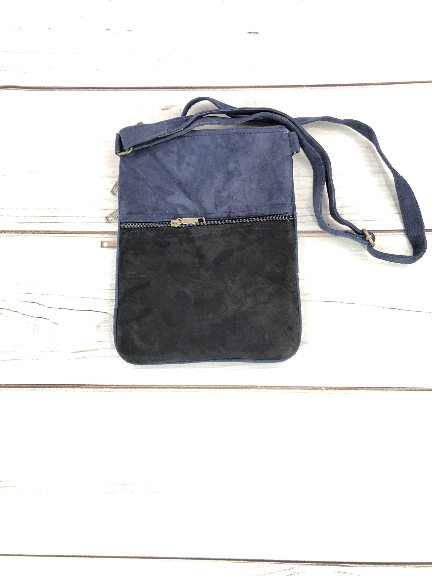 Handmade Black and Blue Suede Cross Body Bag