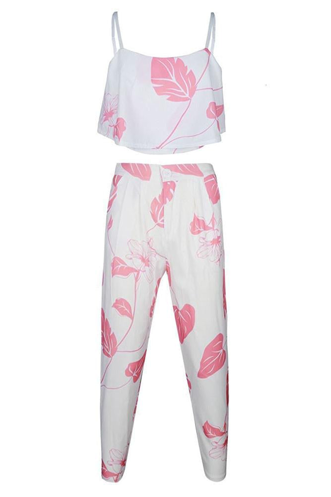 Pink Mottled Print Flounced Crop Top and Pant Set