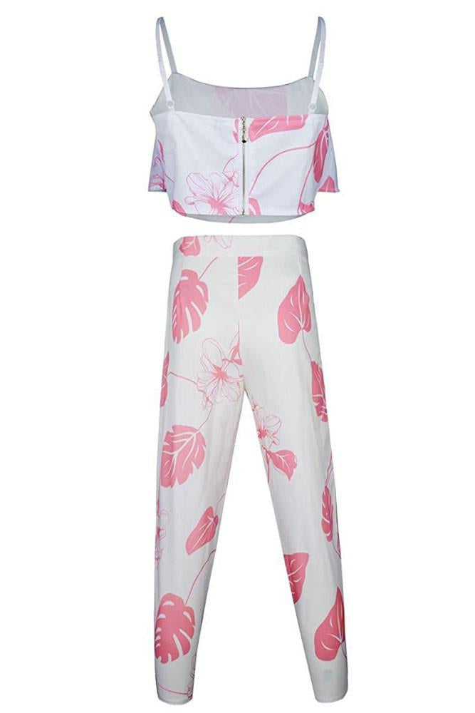 Pink Mottled Print Flounced Crop Top and Pant Set