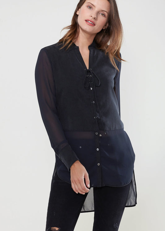Women's Mesh Contrast Button Up Shirt In Black